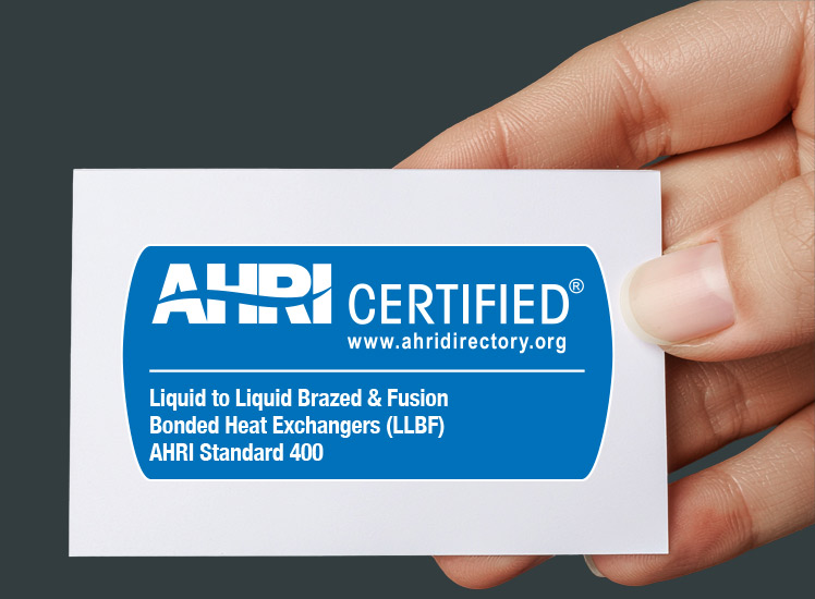 AHRI-Zertifizierungssiegel für den Alfa Laval AlfaNova AQ – fusion-bonded Wärmetauscher aus 100 % Edelstahl, zertifiziert nach AHRI Standard 400 (LLBF) für Flüssig-zu-Flüssig-Anwendungen, angeboten von Beltec GmbH.