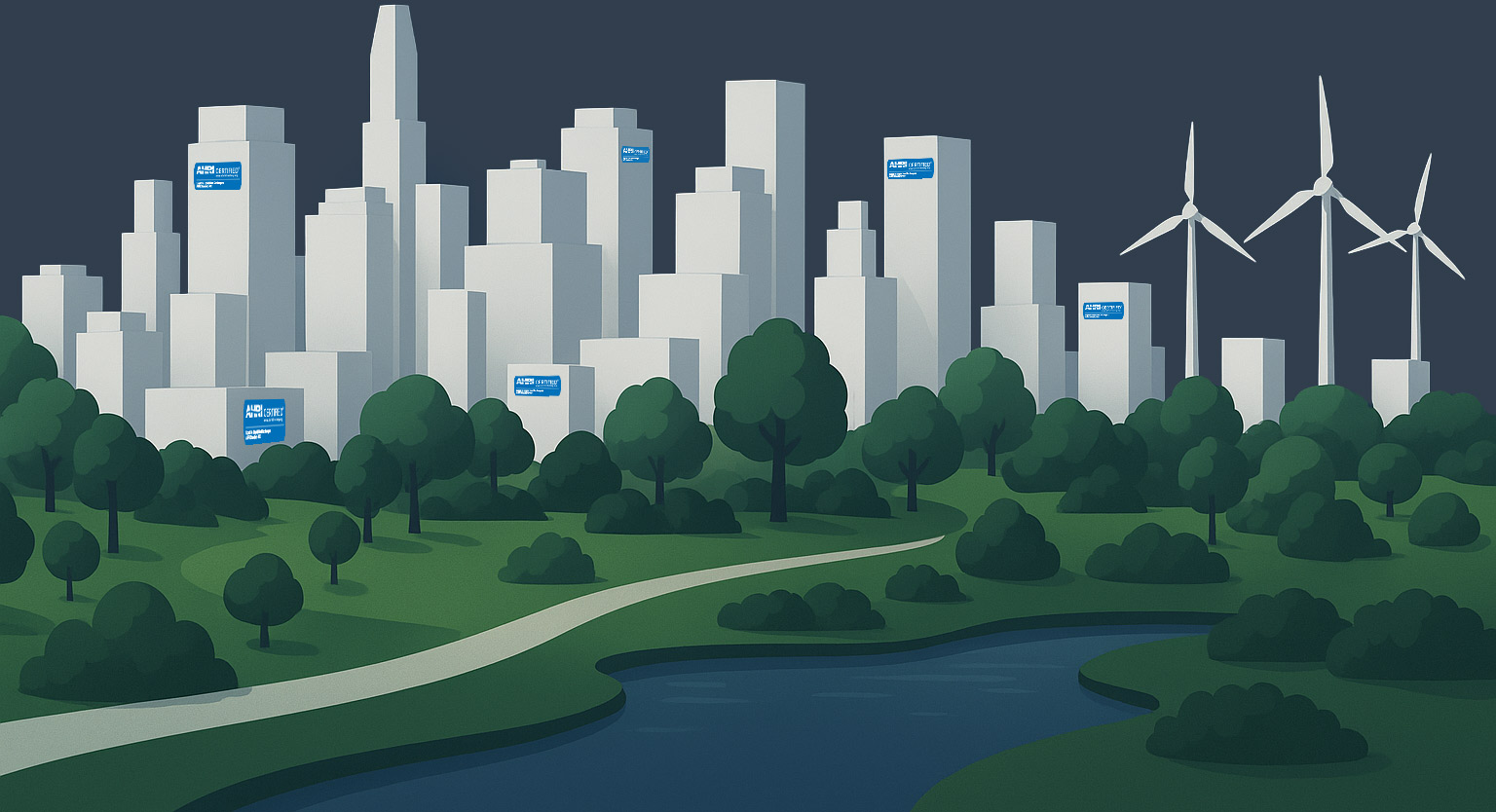 Illustration einer nachhaltigen Stadt mit Hochhäusern, Windkraftanlagen und grünen Parkanlagen – Symbol für energieeffiziente Wärme- und Kältelösungen mit AHRI-zertifizierten Wärmetauschern von Alfa Laval, vertrieben durch Beltec GmbH.